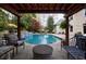 Inviting patio space offering serene views of the private in-ground pool and lush backyard at 2005 Westbourne Way, Alpharetta, GA 30022