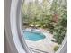 Scenic view of a lush backyard with a sparkling pool and serene patio area framed by an oval window at 2005 Westbourne Way, Alpharetta, GA 30022