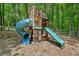 Backyard featuring a blue tube slide, a green slide, and a swing set at 100 Oakwind Pkwy, Canton, GA 30114