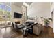 Bright and airy living room with soaring ceilings, fireplace, and access to the outdoor space at 3720 River Mansion Dr, Peachtree Corners, GA 30096