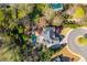 A bird's eye view showcasing the backyard pool, stone patio, and a beautifully landscaped yard at 2461 Oak Grove Ne Ests, Atlanta, GA 30345
