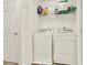 Bright laundry room featuring white washer and dryer with shelving, and a door at 411 Sureyya Dr, Canton, GA 30114