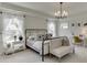 Airy bedroom with decorative chandelier, a tray ceiling, and abundant natural light streaming through the windows at 1788 Hanover West Ct, Lawrenceville, GA 30043