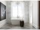 Elegant bathroom featuring a soaking tub, white marble walls, chandelier, and herringbone patterned floor at 5495 Mount Vernon Pkwy, Atlanta, GA 30327
