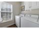 Well-lit laundry room with white washer and dryer, cabinets and a window to the outside at 2667 White Rock Dr, Buford, GA 30519