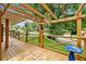 Inviting outdoor wooden deck area featuring wooden pergola and railings and a beautiful blue birdbath at 215 Collum Nw St, Atlanta, GA 30314