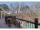Entertaining deck with a partial view of the pool and wooded backyard at 2160 Bradley Trl, Cumming, GA 30041