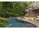 Lush backyard with a beautiful in-ground pool, surrounded by stone accents and mature landscaping at 2160 Bradley Trl, Cumming, GA 30041