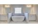 Bright bathroom view featuring double sinks, and a soaking tub with marble tile surround at 2781 Dolce Rd, Dacula, GA 30019