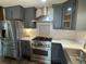 Close-up of modern kitchen with stainless steel appliances and grey shaker cabinets at 445 Royal Oaks Ter, Stone Mountain, GA 30087