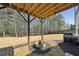 Outdoor living space featuring a fire pit, grill, and a wooden deck ceiling overlooking the lush backyard at 6825 Concord Brook Ln, Cumming, GA 30028