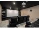 A home theater room with a large screen, projector, tiered seating, and custom shelving for media storage at 570 Glen Eagles Se Cir, Marietta, GA 30067