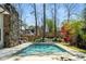 Beautiful backyard with an in-ground pool, manicured lawn, and stone detailing at 570 Glen Eagles Se Cir, Marietta, GA 30067
