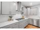 A modern kitchen showcases stainless steel appliances, gray cabinets, and a white countertop at 3505 Aqua Point Pl, Cumming, GA 30041