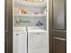 Laundry room area with washer and dryer, shelving, and laundry related household cleaning and washing products at 5910 Bond St # 401, Cumming, GA 30040