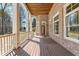 Inviting covered back porch featuring wood flooring, brick siding, and white columns overlooking the backyard at 305 Inman Pl, Roswell, GA 30075