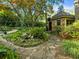 A private yard features a stone cottage surrounded by lush landscaping and trees at 1050 E Club Ne Ln, Atlanta, GA 30319