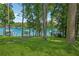 Serene lake view backyard with lush lawn and mature trees creating a private oasis at 6337 Lake View Dr, Buford, GA 30518