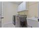 Modern laundry room with front loading washer and dryer, white cabinets, and a utility sink at 12800 Wyngate Trl, Alpharetta, GA 30005