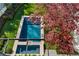 Aerial view of a pool and backyard, featuring lush landscaping and a red maple tree at 96 The Prado Ne, Atlanta, GA 30309