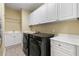 Laundry room features tile floors, white cabinetry, counters, and a modern washer and dryer at 4437 Blue Ridge Dr, Douglasville, GA 30135