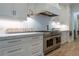 Close-up of a kitchen featuring a Wolf range, marble countertops, and subway tile backsplash at 515 Danube Ne Rd, Atlanta, GA 30342