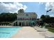 Back of building facing community pool with lounge chairs, tables, umbrellas and lush landscaping offering relaxation at 1562 Asheforde Dr, Marietta, GA 30068