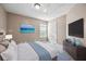 Staged bedroom with soft carpet, picture and TV on wall, and king bed at 3940 Medlock Park Dr, Snellville, GA 30039