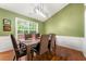 Elegant dining room with green walls, wainscoting, hardwood floors, and a modern light fixture at 1395 Brisbane Dr, Dacula, GA 30019
