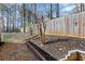 Fenced backyard featuring a garden bed and stone walkway leading to a white gate at 5720 Crow Dr, Cumming, GA 30041
