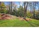 Serene backyard with lush green grass, a hammock strung between trees, and a seating area at 5780 Riverwood Dr, Sandy Springs, GA 30328