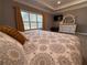 Cozy main bedroom with plush carpet, a tray ceiling, and a large window at 197 Buckhorn Dr, Temple, GA 30179
