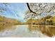 Scenic lake view with shoreline trees and clear reflections under a partly cloudy sky at 813 Ridgefield Dr, Peachtree City, GA 30269