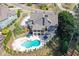 Aerial view of backyard with an in-ground pool, multiple patios and meticulous landscaping at 304 Gilmer Ct, Canton, GA 30115