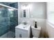 Bathroom featuring shower with glass door, marble walls, modern fixtures, and white cabinets at 3888 W Oak Dr, Douglasville, GA 30135