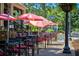 Outdoor seating area with umbrellas and decorative street lights at 520 Willeo Rd, Roswell, GA 30075