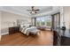 A bedroom with hardwood floors, tray ceilings, neutral walls, and large windows with a wooded view at 722 Laurel Canyon Pkwy, Canton, GA 30114