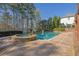 Backyard pool and spa surrounded by green trees and a view of the lake at 6925 Lighthouse Point, Cumming, GA 30041
