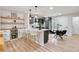 Bright kitchen featuring dark cabinets, a wine cooler, island with seating, and modern light fixtures at 2243 Newnan St, Atlanta, GA 30344