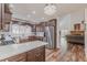 Open kitchen with stainless appliances, quartz counters, a farmhouse sink, and dark wood flooring at 8906 E Carroll Rd, Winston, GA 30187