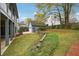 Spacious backyard featuring a detached garage, mature trees, and lush lawn at 108 Kirk Crossing Dr, Decatur, GA 30030