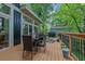 Back deck area with an outdoor dining table, overlooking the lake, and black metal railing at 132 Lakeshore Dr, Roswell, GA 30075