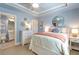 Cozy blue bedroom with a comfortable bed and an attached bathroom at 3225 Suffolk Dr, Cumming, GA 30041
