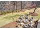 Aerial view of backyard featuring fire pit area, lush landscaping, and wooded backdrop at 3225 Suffolk Dr, Cumming, GA 30041