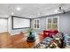 Basement entertaining area featuring a projector screen, large windows and a comfortable seating area at 1303 Bass Dr, Woodstock, GA 30189
