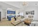 Open living room featuring blue cabinets, a stylish island, modern light fixtures, and sleek decor at 1055 Crabapple Parc Dr, Roswell, GA 30076