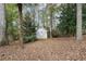 A small white shed sits on a wooded lot covered in leaves at 4385 Old Hamilton Mill Rd, Buford, GA 30518