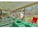 Relaxing screened porch with seating, views of the backyard, and green carpet at 4670 Sundridge Trl, Fairburn, GA 30213