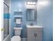 Charming bathroom featuring new vanity, mirror, and blue painted walls at 2223 Jay Se Ln, Smyrna, GA 30080