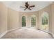 Light-filled bedroom with arched windows, neutral carpet, and a tray ceiling at 241 Rose Ridge Dr, Canton, GA 30115
